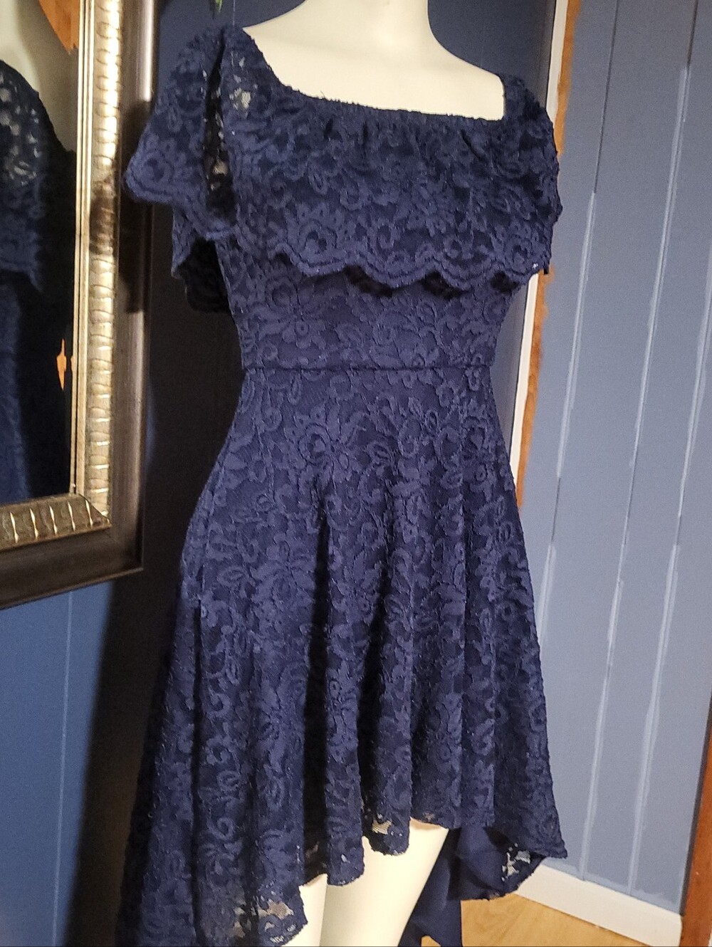 Windsor Navy Lace High-Low Off-Shoulder Dress